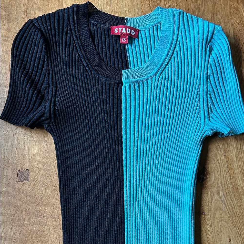 STAUD Two-Tone Ribbed Midi Dress in Black and Teal